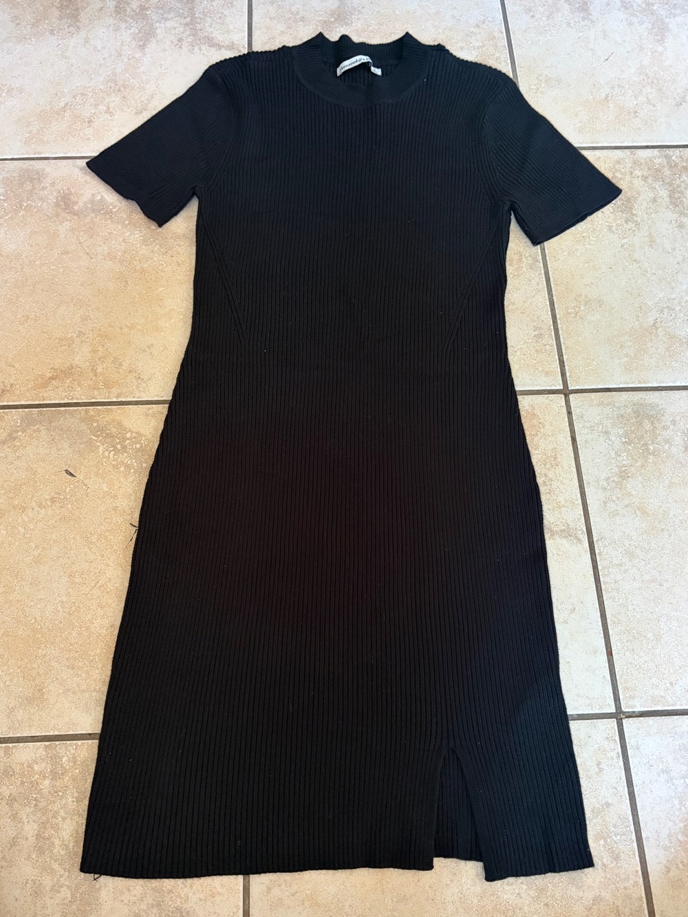 Abercrombie & Fitch Black Ribbed Short-Sleeve Midi Dress with Front Slit